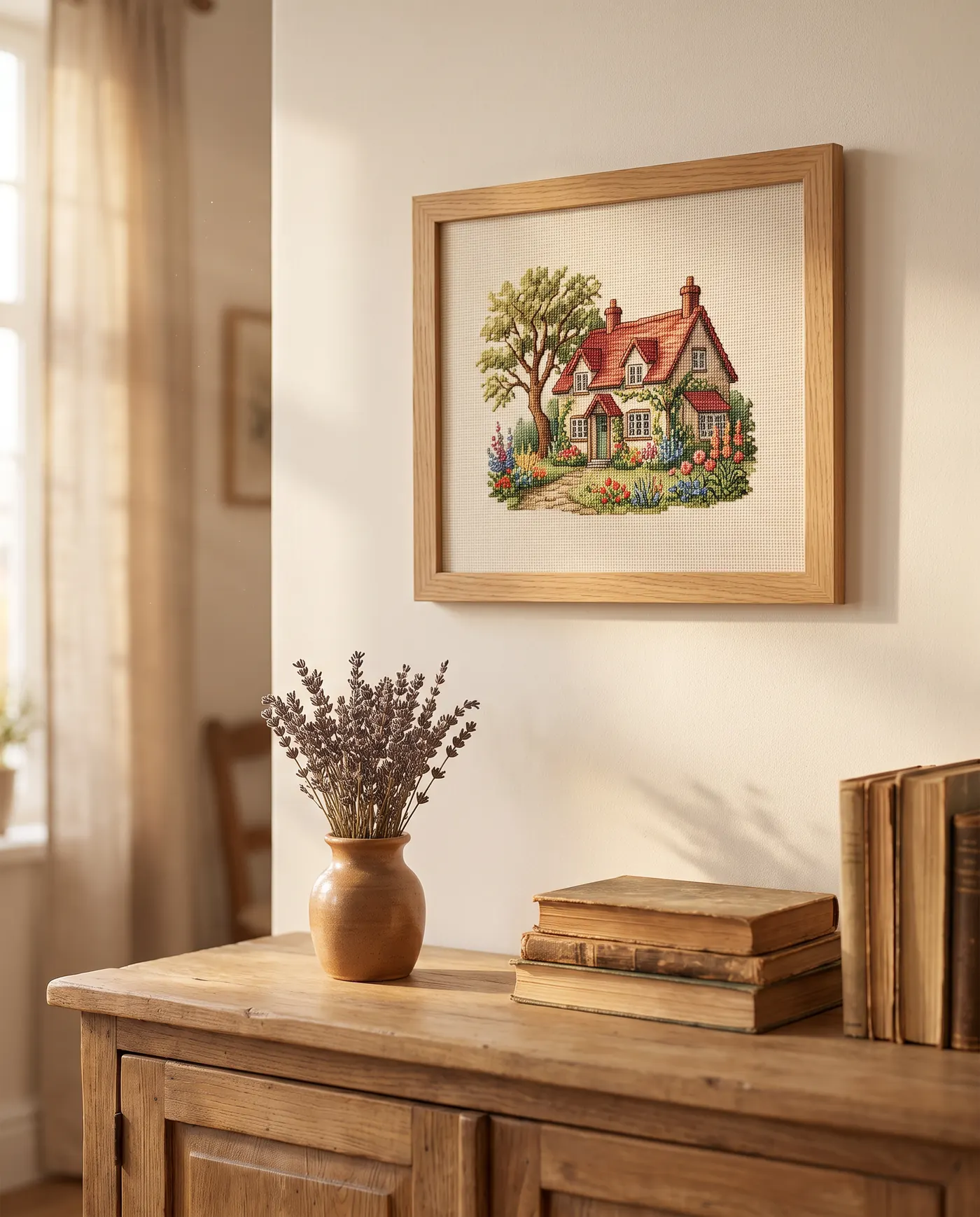 A framed cross stitch of a family home hanging on a living room wall